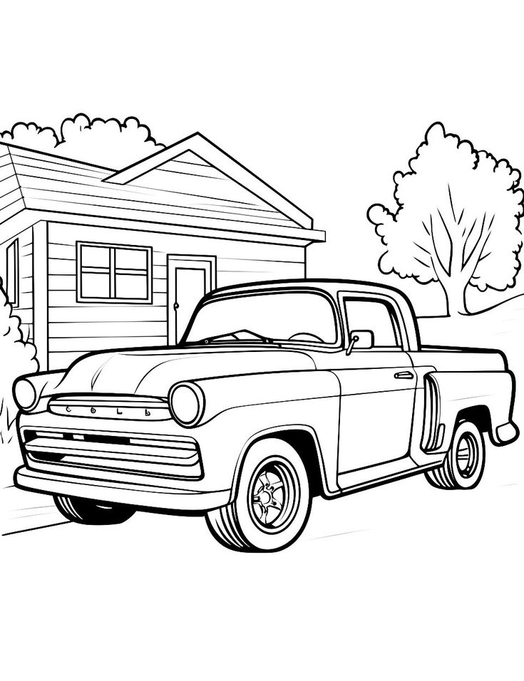 Vintage pickup truck parked beside a house