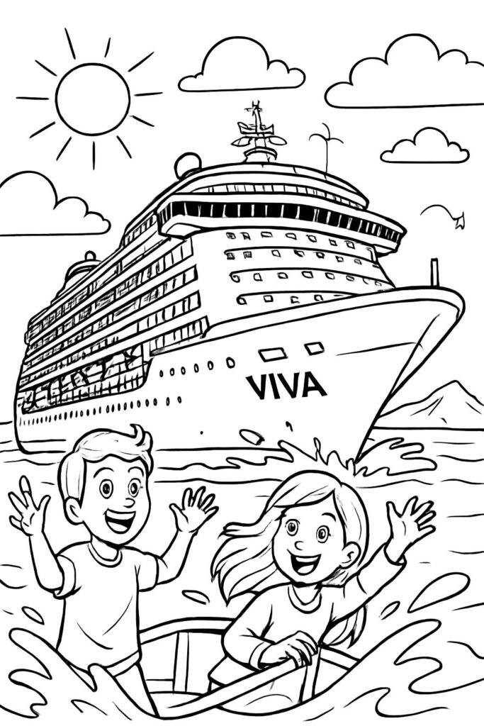 Children waving from boat before large cruise ship