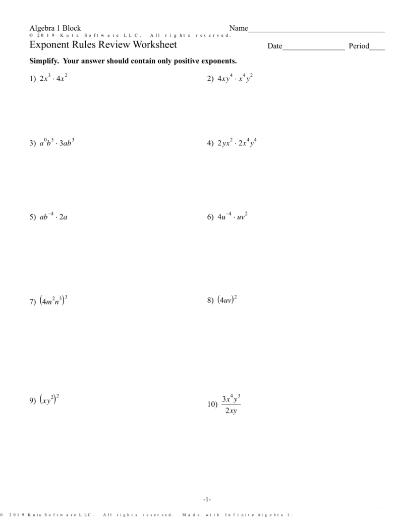 Exponent rules review worksheet with algebra problems
