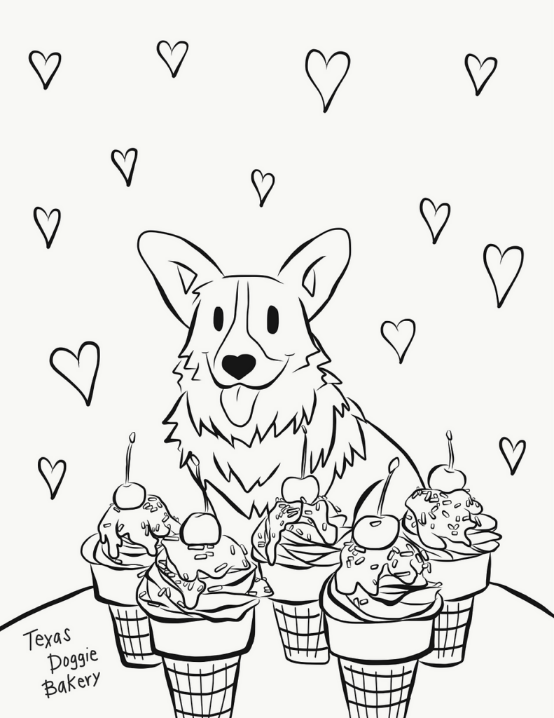Line drawing of a corgi with cupcakes and hearts