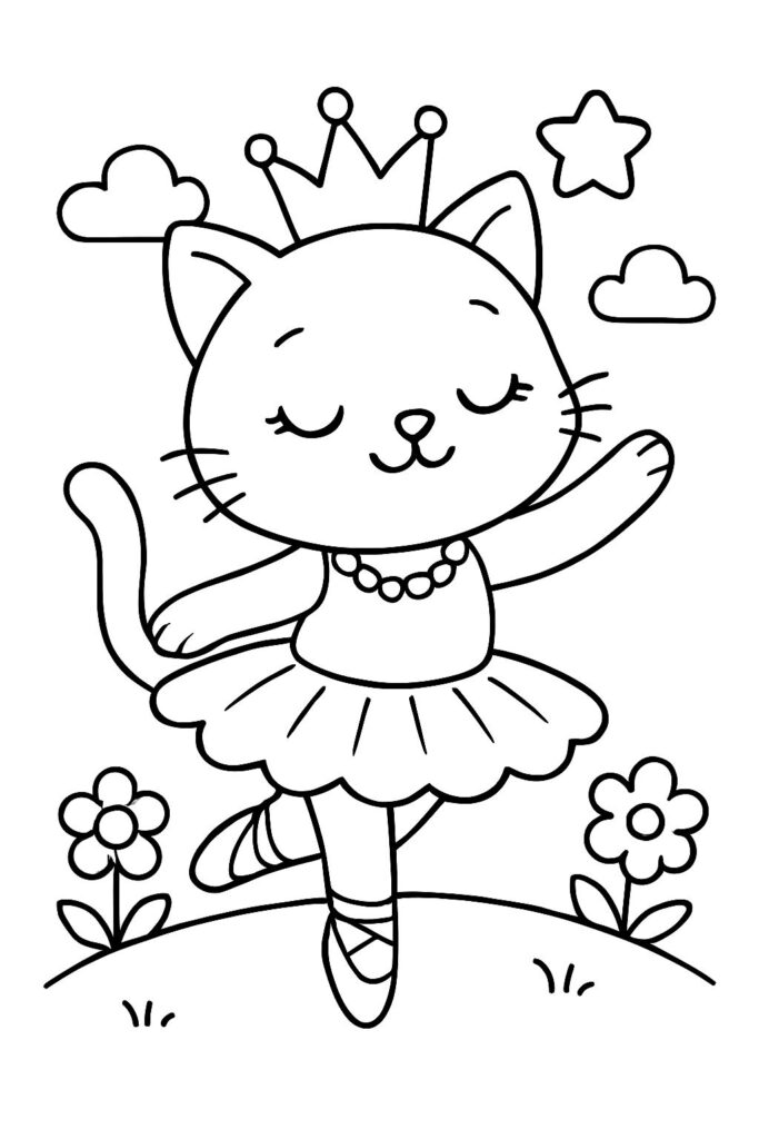 Line drawing of cat ballerina with crown and flowers