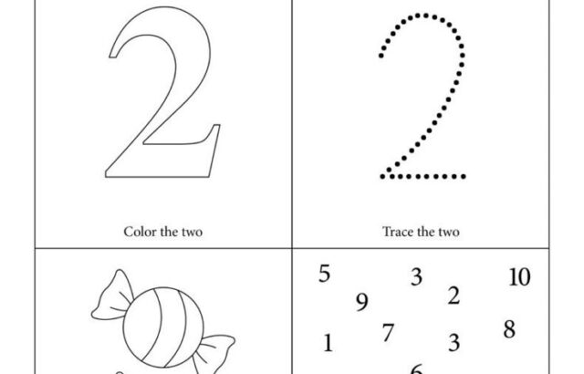 Number two worksheet with tracing, candy, and numbers