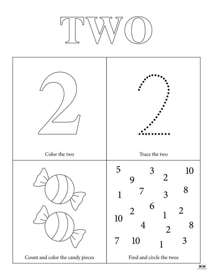 Number two worksheet with tracing, candy, and numbers