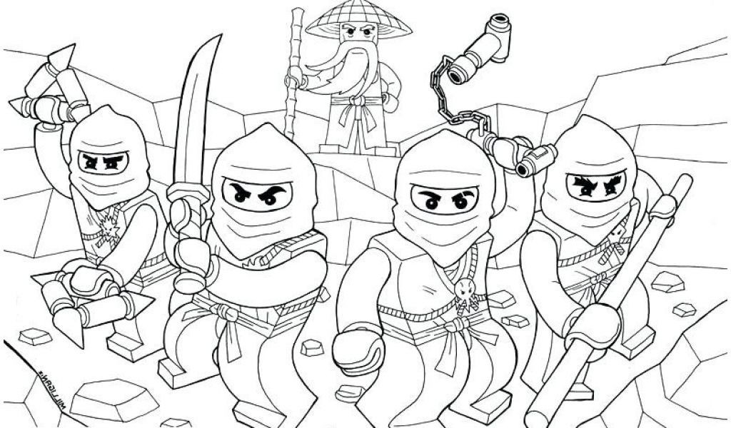 Black-and-white drawing of four ninja figures on rocks