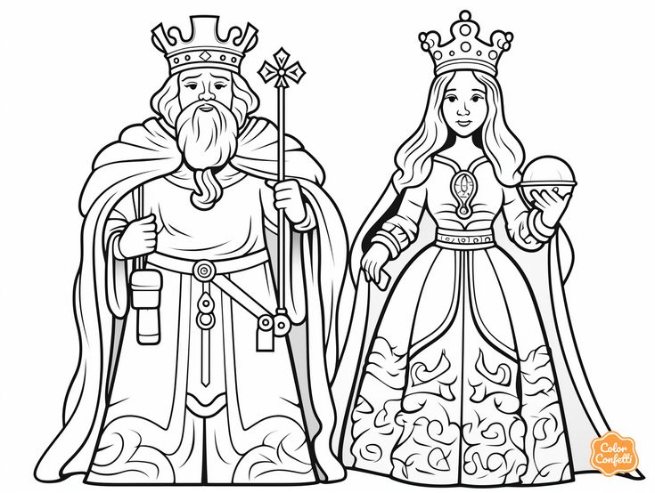 Black-and-white king and queen coloring page illustration
