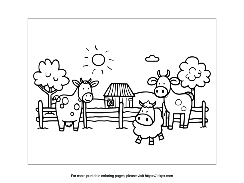 Black-and-white farm coloring page with cows, sheep, trees, fence, and barn