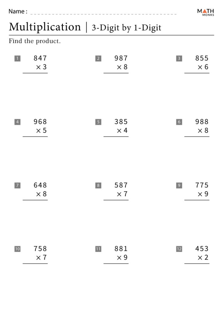 Multiplication worksheet with twelve 3-digit problems