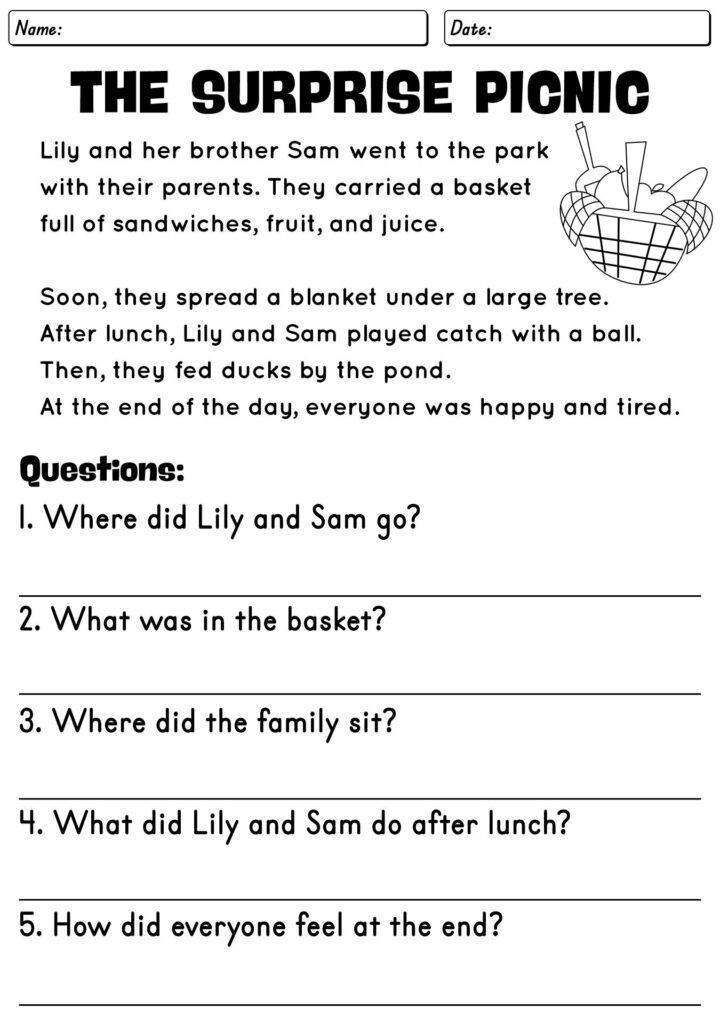 Black-and-white reading worksheet about a surprise picnic