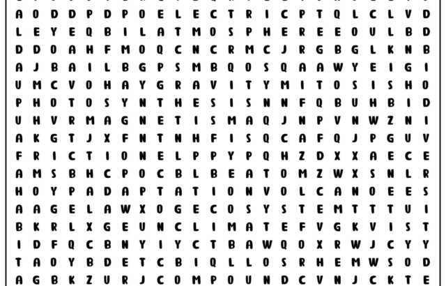 5th Grade science word search worksheet grid and word list