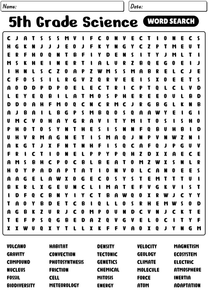 5th Grade science word search worksheet grid and word list