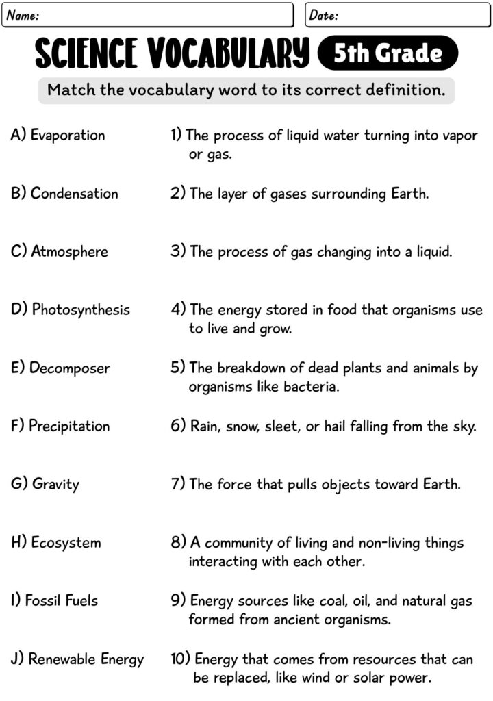 Science vocabulary worksheet with matching definitions and terms
