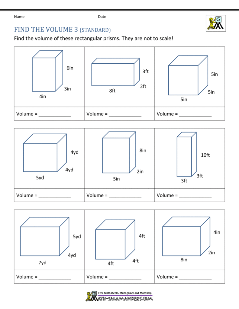 Math worksheet with nine rectangular prism diagrams