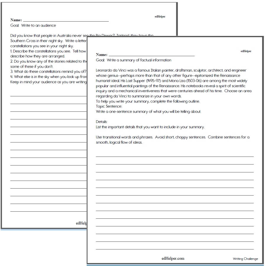 Two overlapping writing worksheet pages on white background