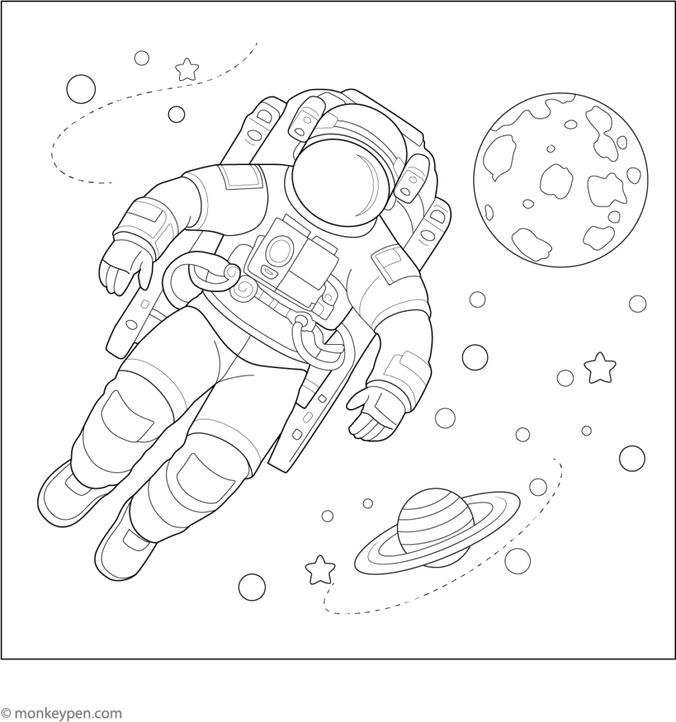 Astronaut floating in space with planets and stars