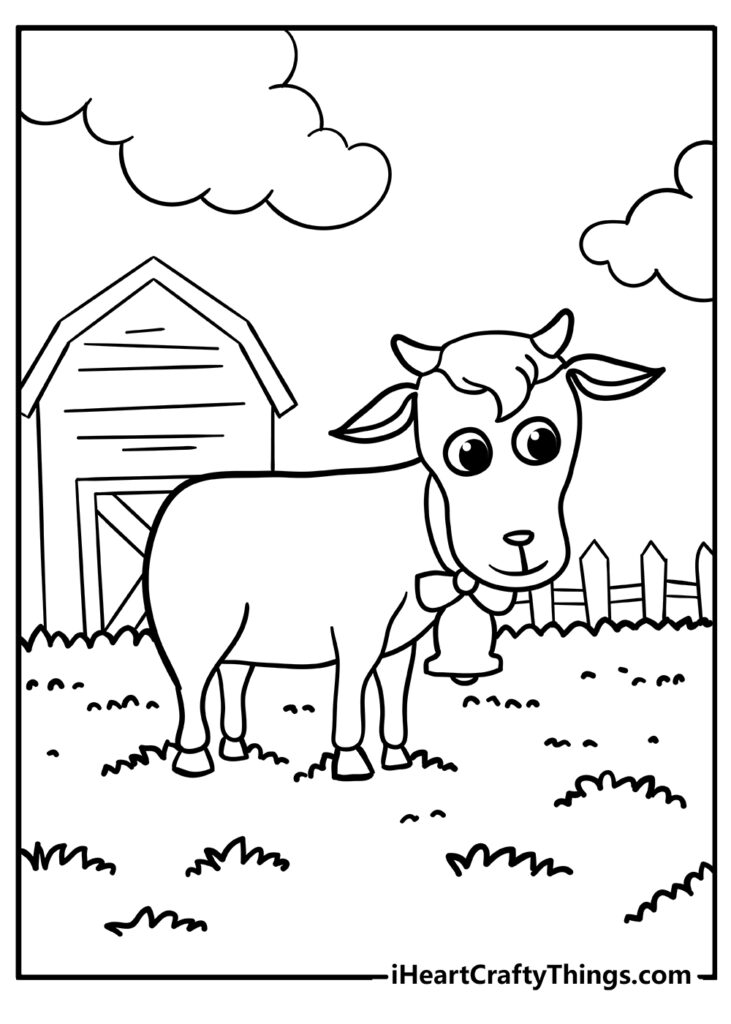 Cartoon cow standing in a barnyard with clouds