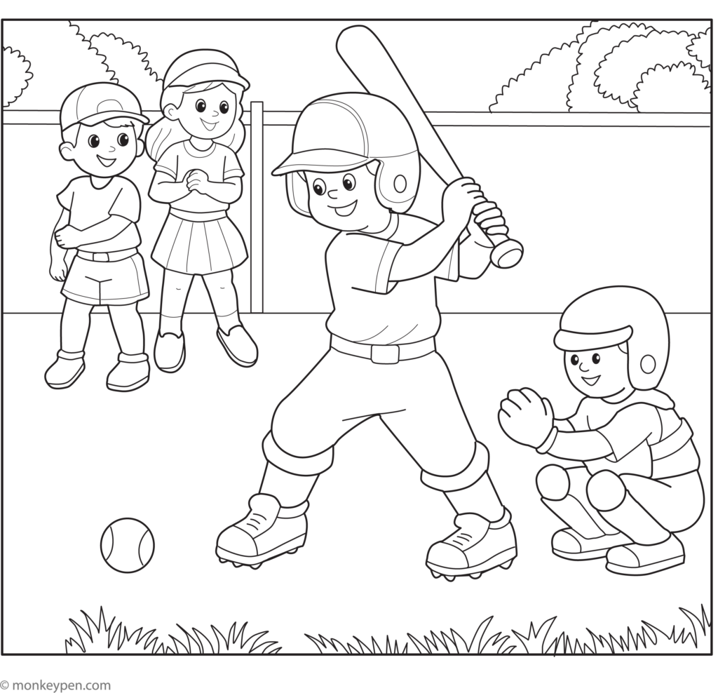 Children playing baseball in a cartoon field illustration