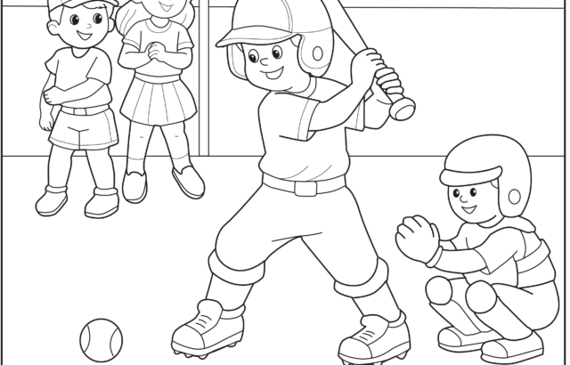 Children playing baseball in a cartoon field illustration