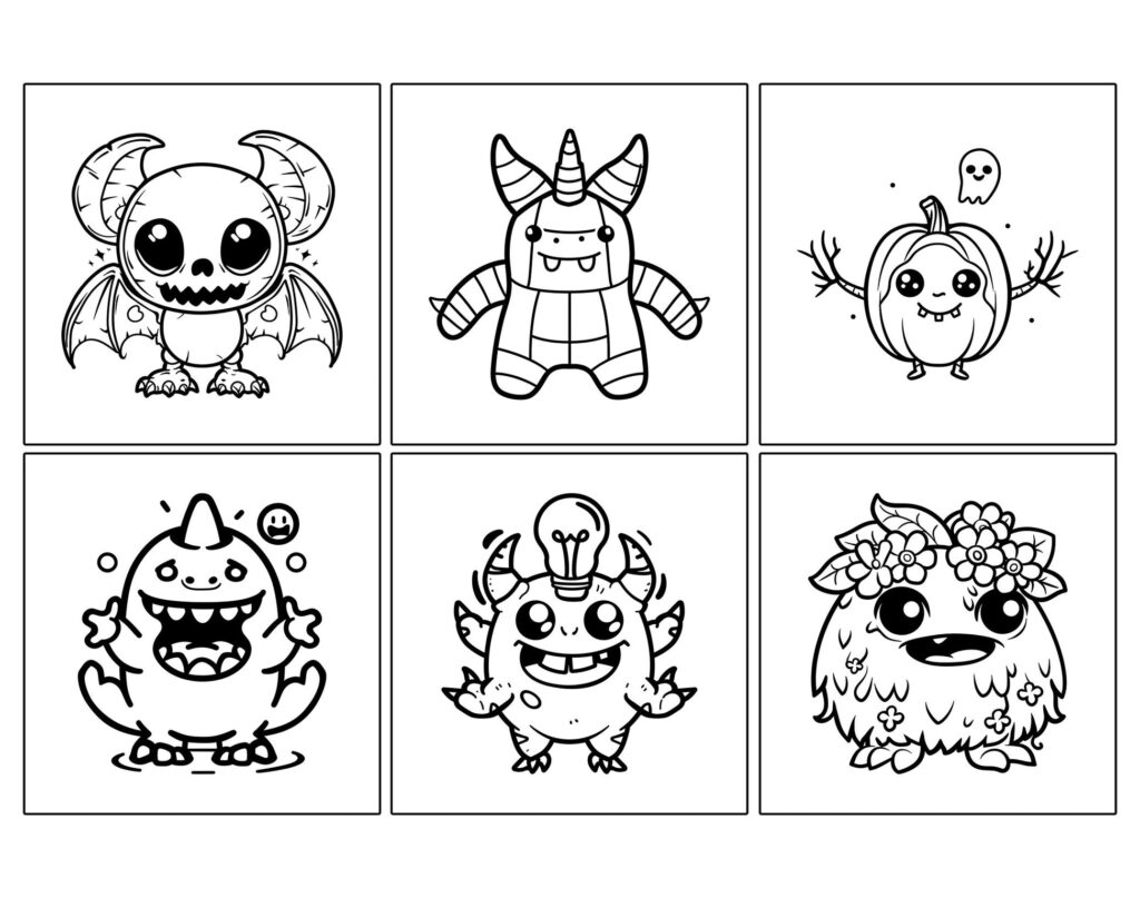 Six spooky cute monster coloring drawings in grid