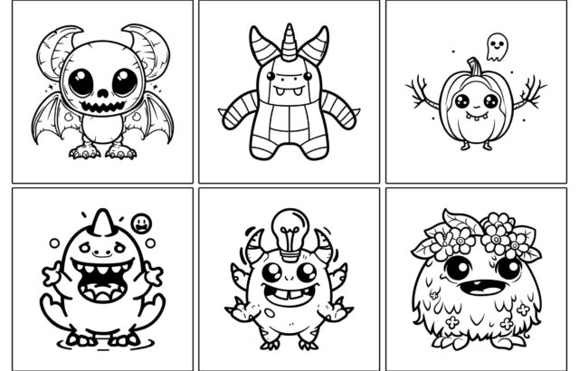Six spooky cute monster coloring drawings in grid