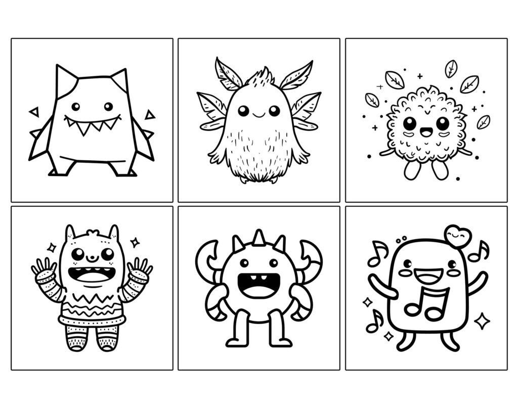 Six cute cartoon monsters in a grid layout