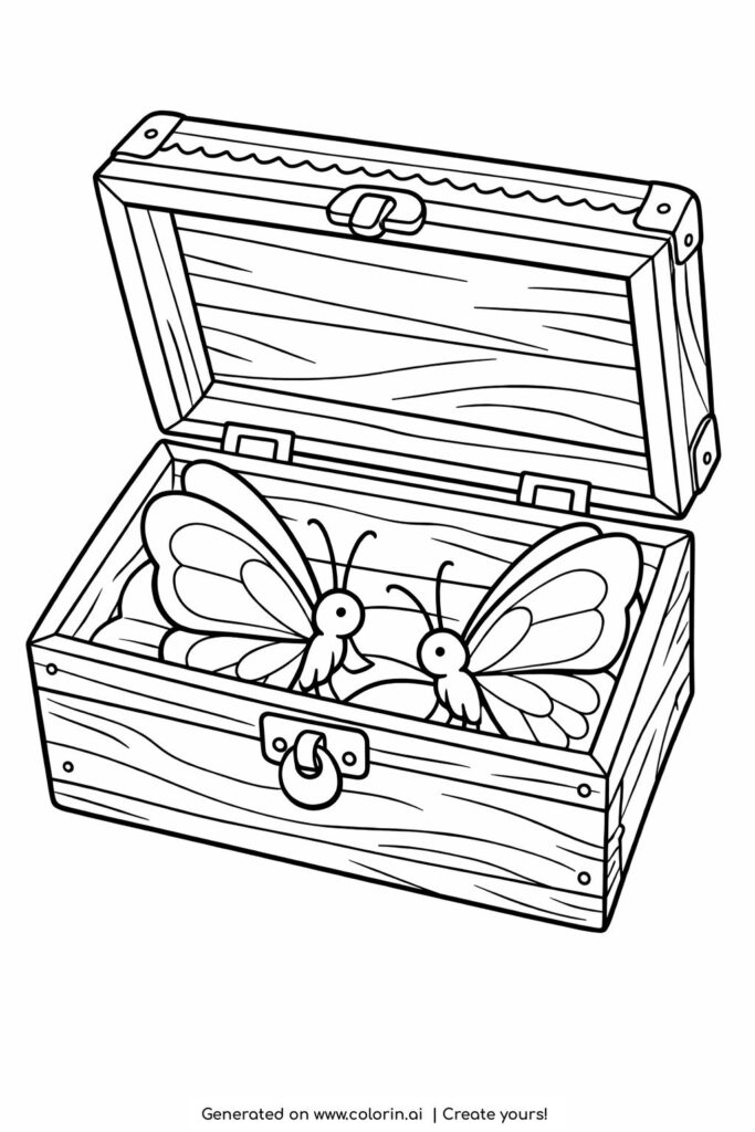 Open wooden chest with two butterflies inside