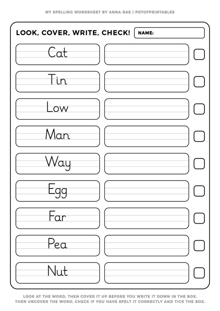 Spelling worksheet with words and blank practice boxes