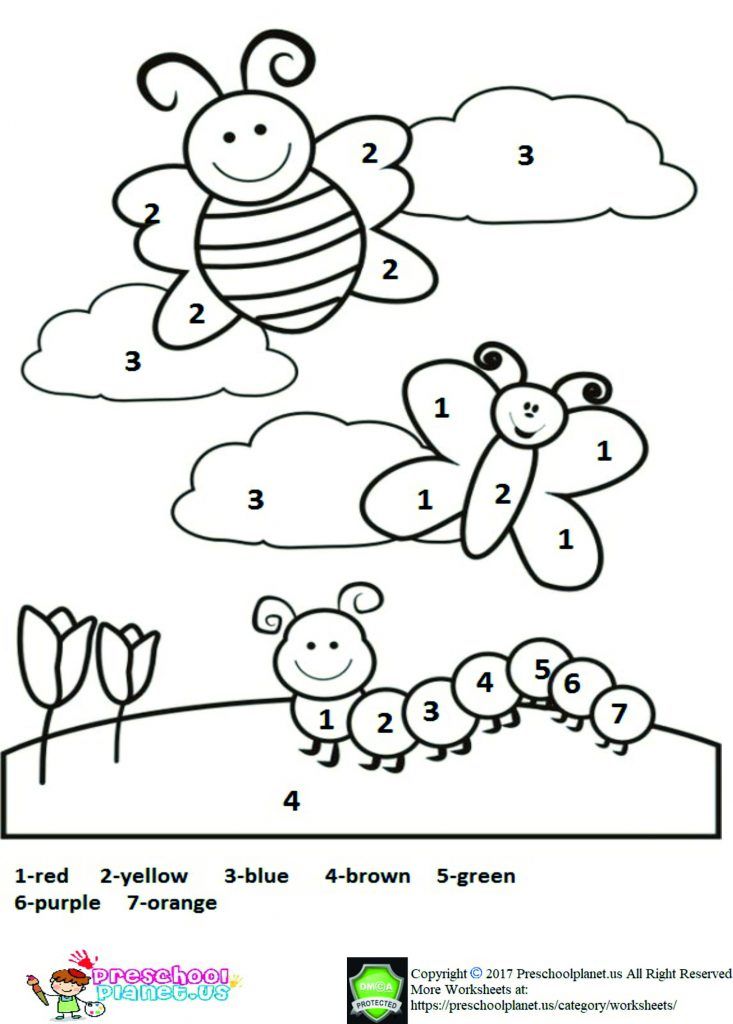Coloring worksheet with butterflies, clouds, caterpillar, and flowers