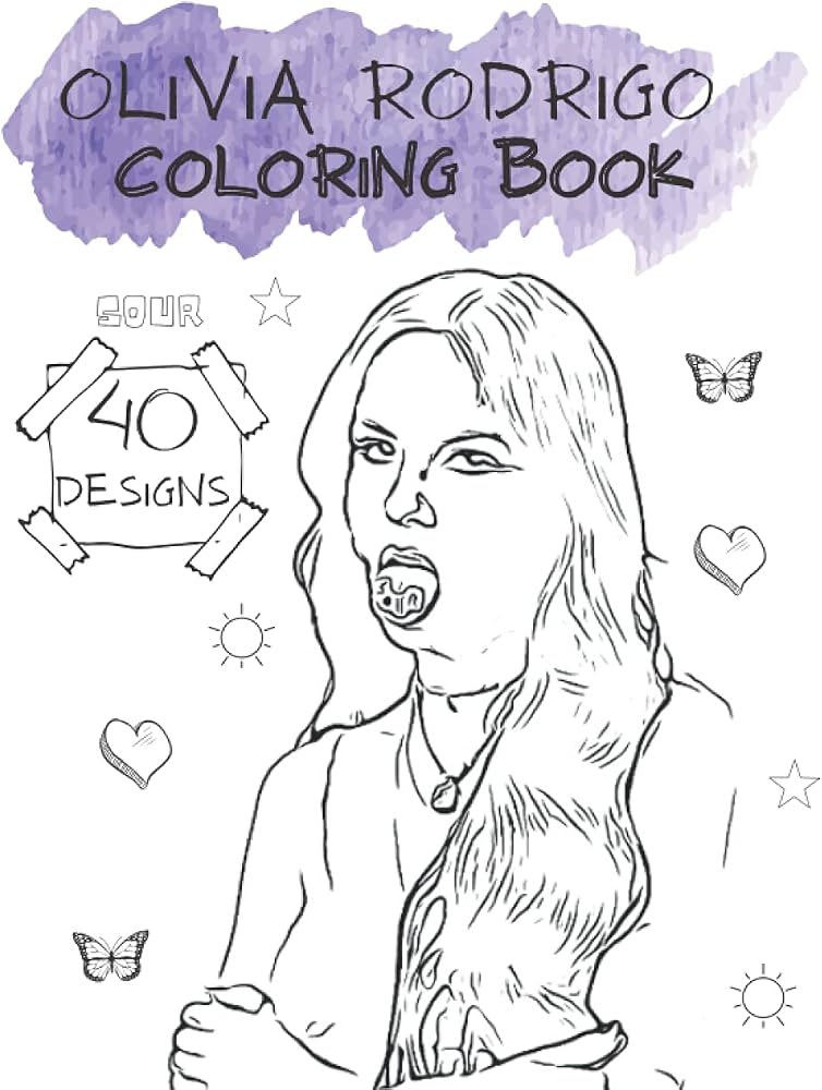 Olivia Rodrigo coloring book cover with line art portrait