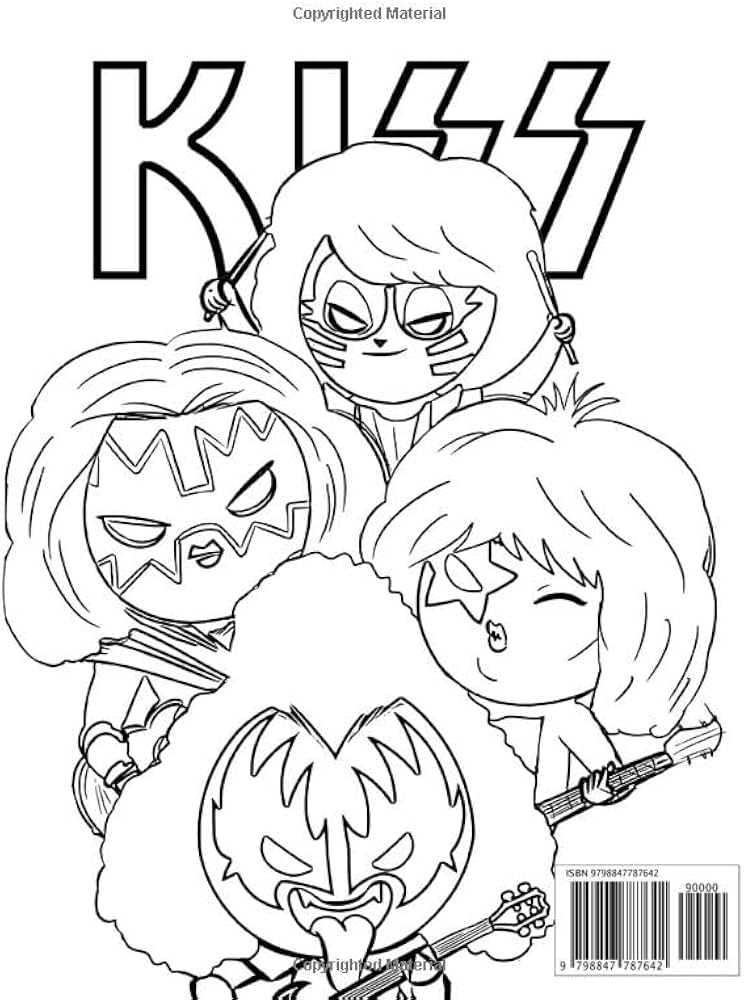 Black-and-white cartoon of four Kiss band members