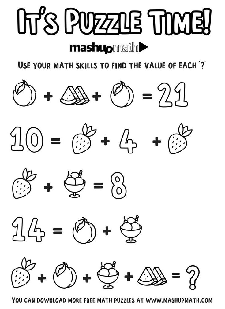 Fruit math puzzle worksheet with equations and cartoon icons