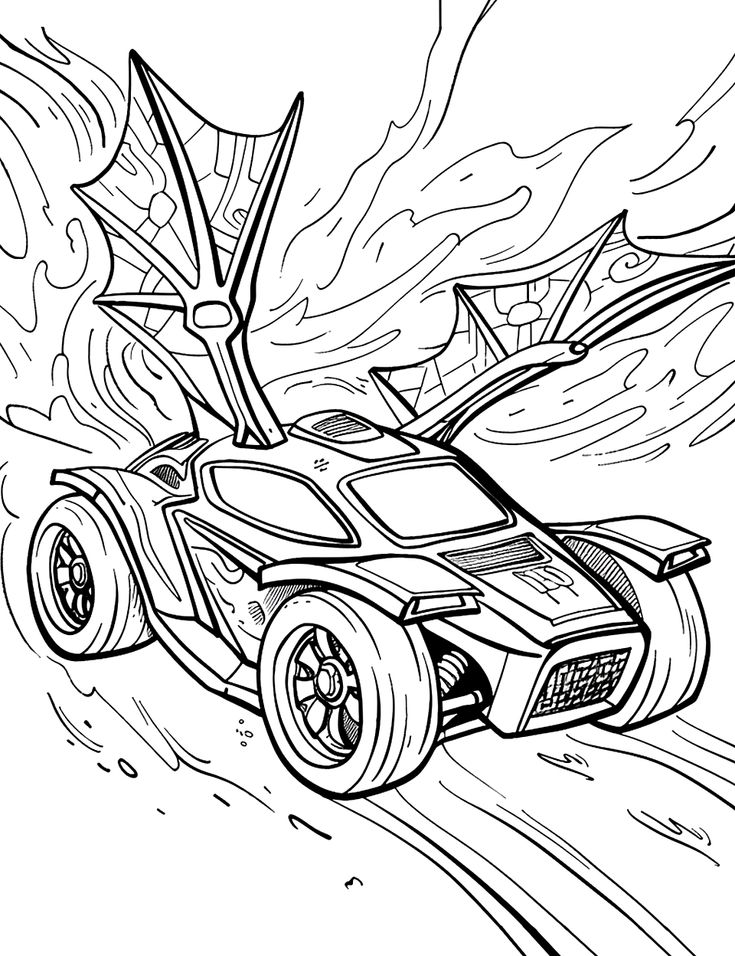 Black-and-white coloring page of a futuristic racing car, front view