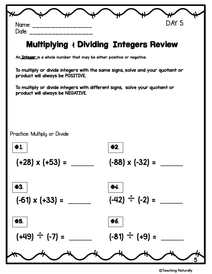 Integer multiplication and division worksheet page 5