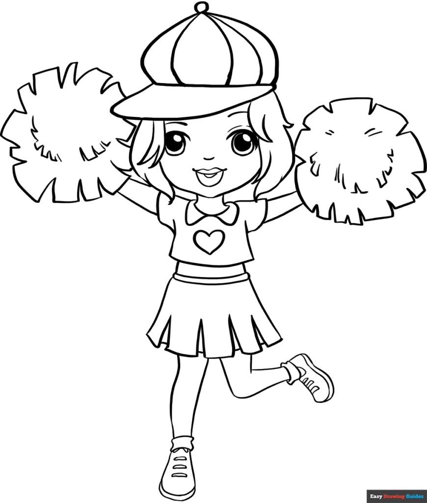 Cartoon cheerleader girl holding pom-poms and smiling