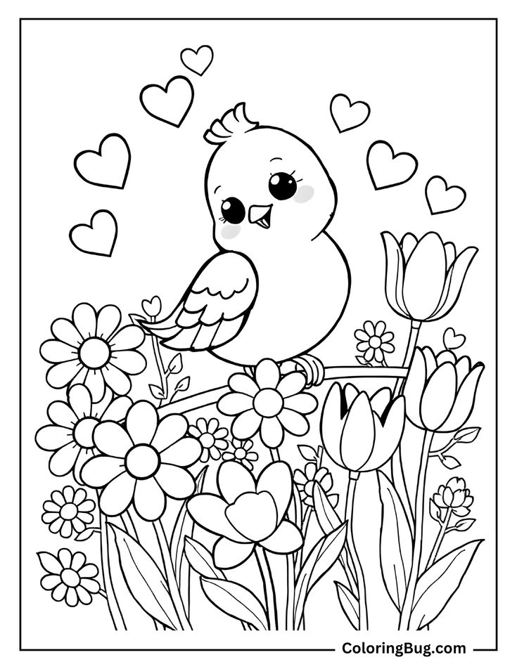 Coloring page of cute bird among flowers and hearts