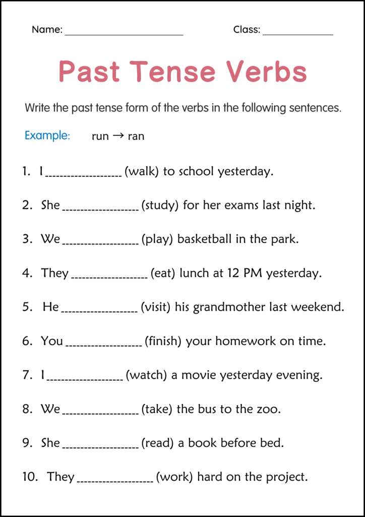 Past tense verbs worksheet with fill-in-the-blank sentences