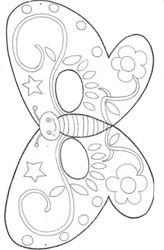Black-and-white butterfly mask coloring page with floral patterns