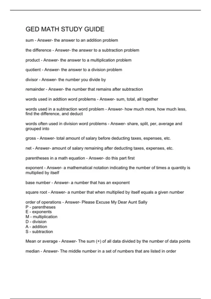 GED math study guide definitions on white page