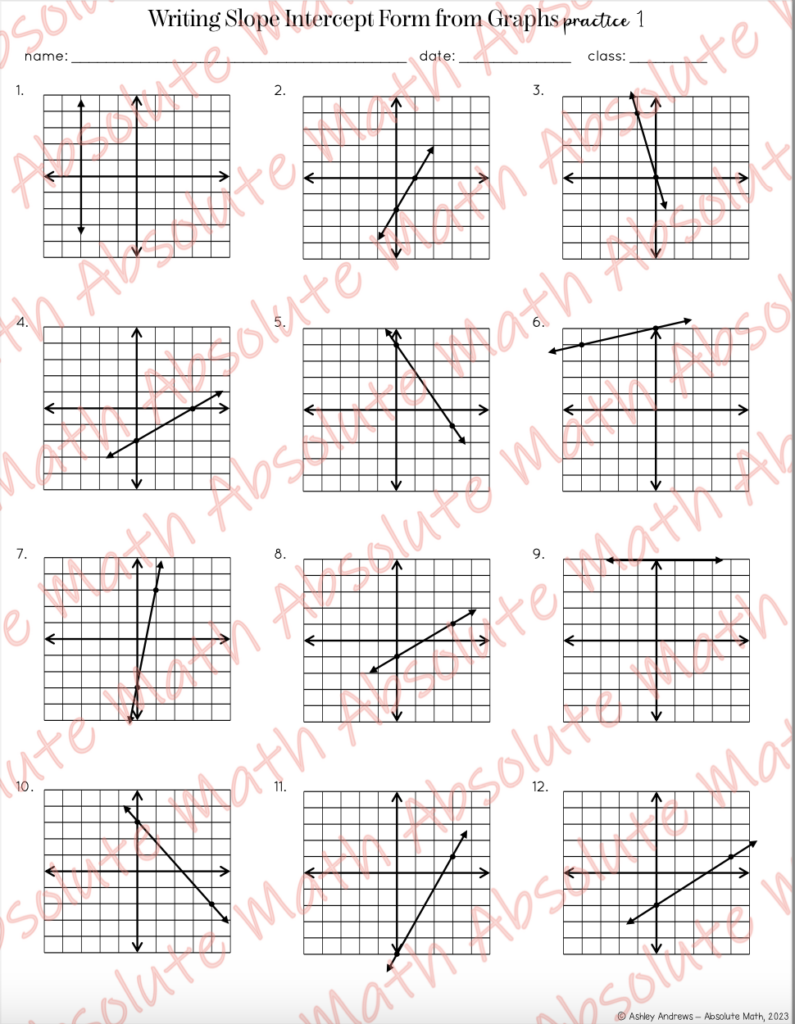 Slope intercept form worksheet with twelve graphs on grid paper