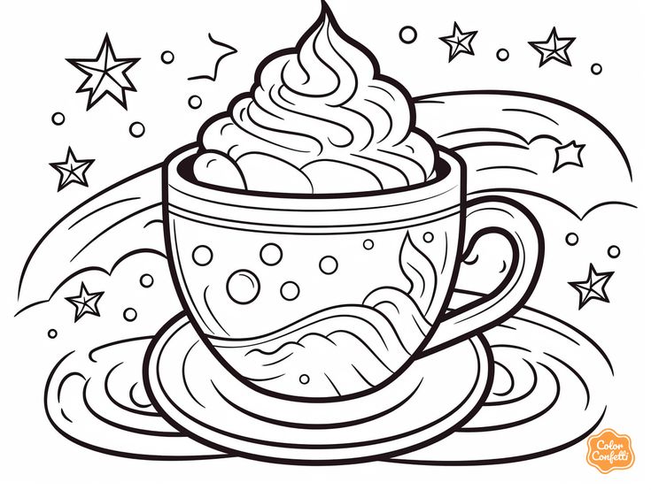 Cup of whipped cocoa on saucer with stars