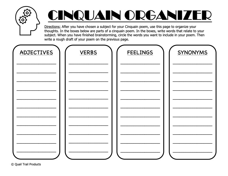 Cinquin organizer worksheet with four labeled columns