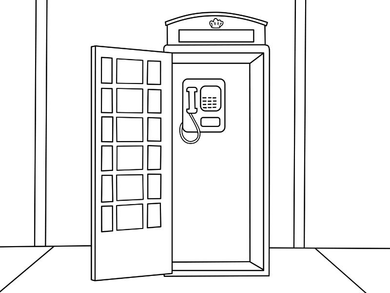 Line drawing of open phone booth with handset inside