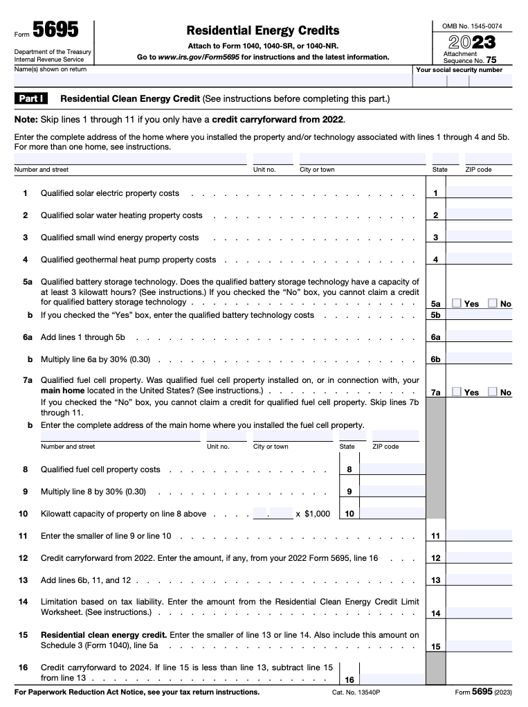 IRS Form 5695 residential energy credits worksheet page