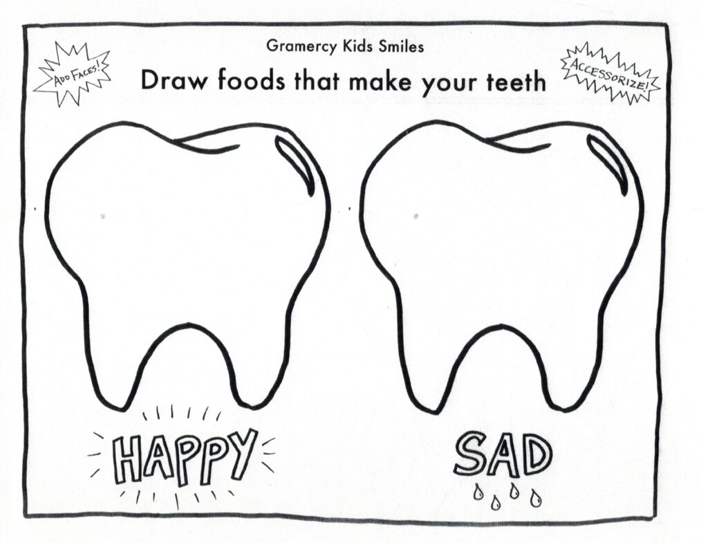 Kids dental worksheet with two outlined teeth drawings
