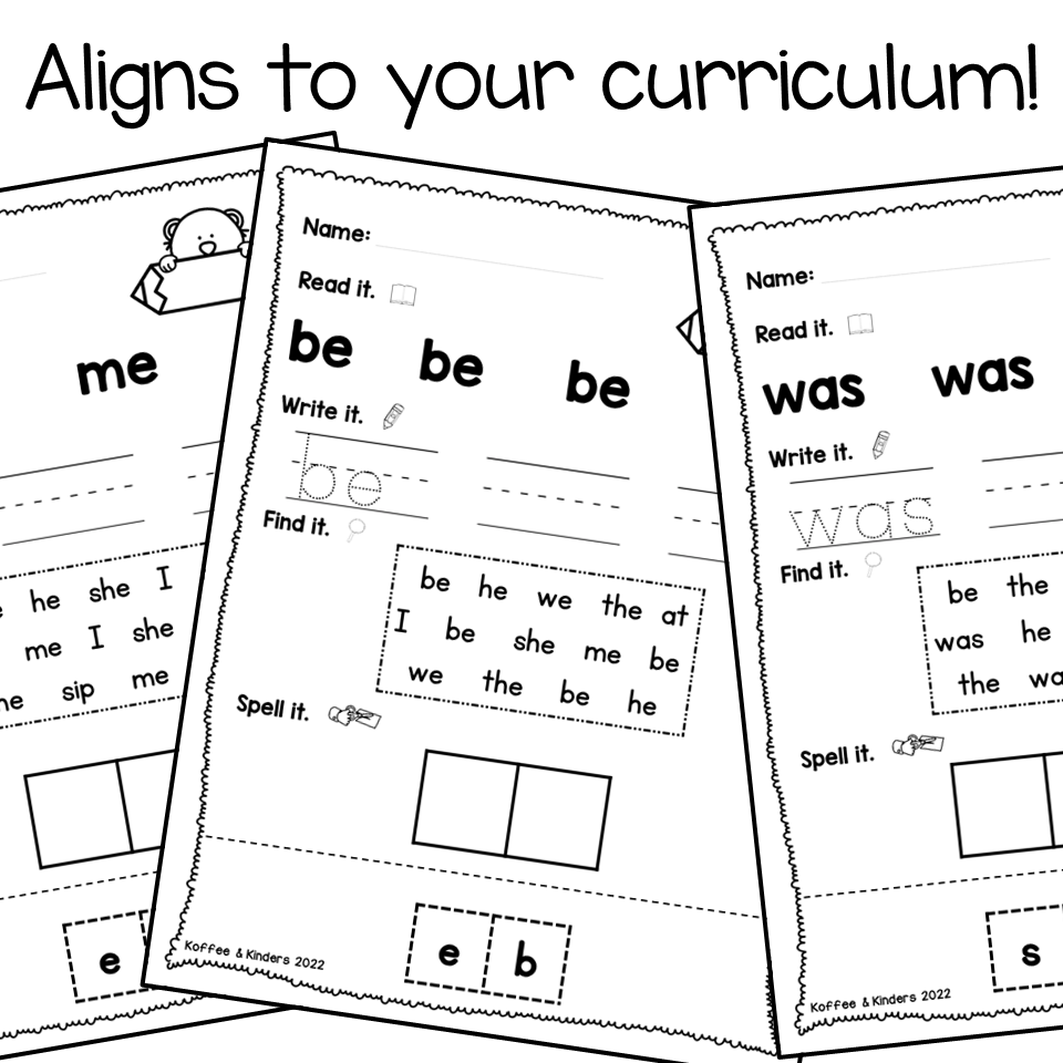 Three overlapping black-and-white worksheets with 'be' words.