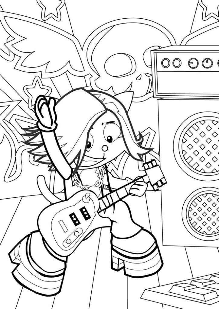 Cartoon girl playing electric guitar beside speakers and skull