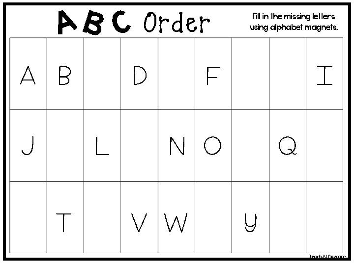 ABC order worksheet with missing alphabet letters