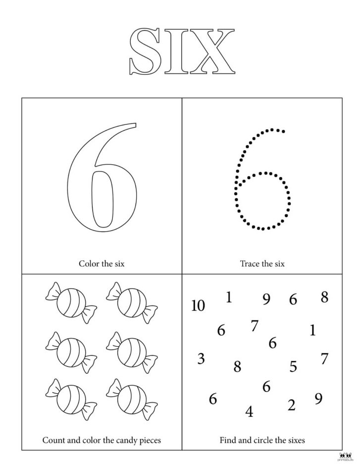 Number six worksheet with tracing and counting activities