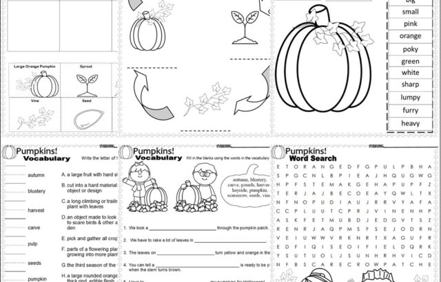 Collage of pumpkin-themed worksheet pages and word search