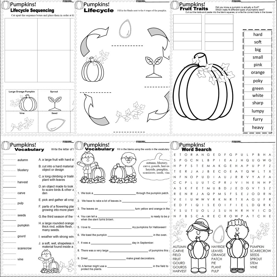 Collage of pumpkin-themed worksheet pages and word search