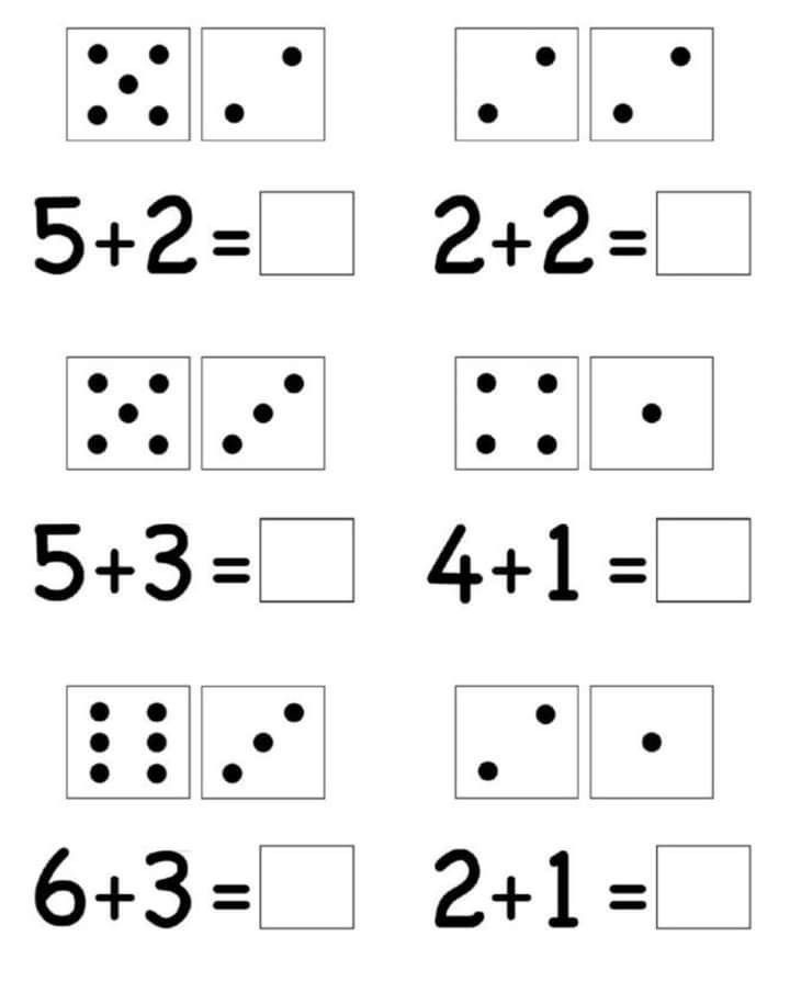 Addition worksheet with dice pictures and blank answer boxes